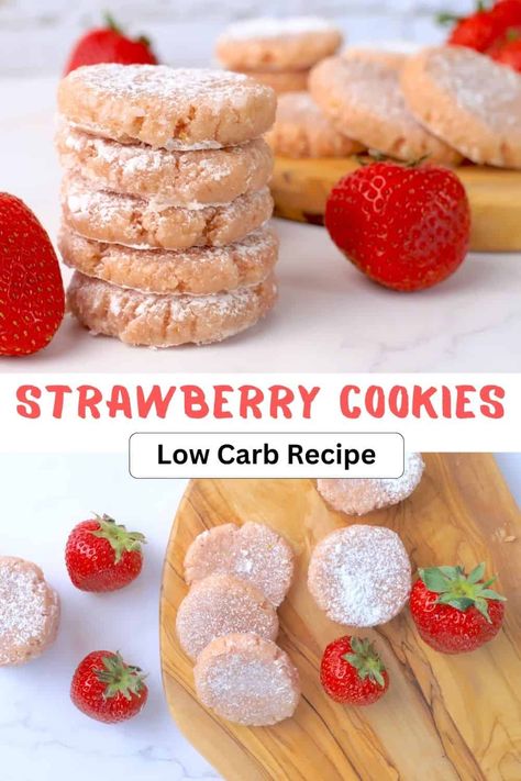 Almond Flower Cookies, Keto Strawberry Dessert, Healthy Strawberry Cookies, Strawberry Protein, Cookies Healthy, Breakfast Cookies Healthy, Healthy Strawberry, Strawberry Cookies, Low Carb Cookies