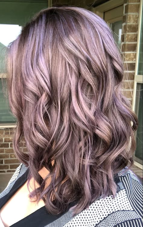 Purple Balayage Light Brown Hair, Ash Hilights Brown Hair, Subtle Purple Hair Blonde, Grey Brunette Balayage, Dusty Lavender Hair Brunette, Light Purple Brown Hair, Light Brown Hair With Lavender, Ash Purple Highlights, Light Brown Purple Hair