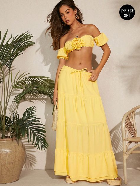 SHEIN Haute Women's Two Piece Set Of Solid Color Off Shoulder Crop Top And Drawstring Skirt With Floral DetailI discovered amazing products on SHEIN.com, come check them out! Picnic Shoot, Yellow Two Piece, Long Midi Skirt, Vacation Outfits Women, Drawstring Skirt, Long Midi, Off Shoulder Crop Top, Bright Winter, Shoulder Crop Top