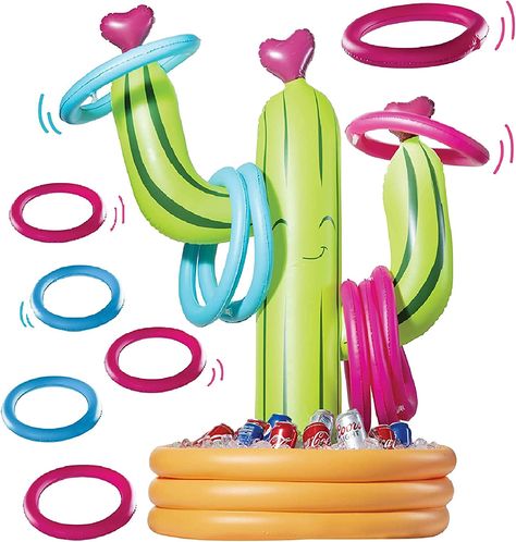 Check out this Cactus cooler / Toss a ring game. Favorite drinks in the cooler and a game? Can't beat that on a hot day , pool side with your shades on 😎 Pool Cooler, Storing Water Bottles, Inflatable Palm Tree, Inflatable Cooler, Party Cooler, Cactus Party Decor, Fiesta Party Supplies, Cactus Ring, Fiesta Party Decorations