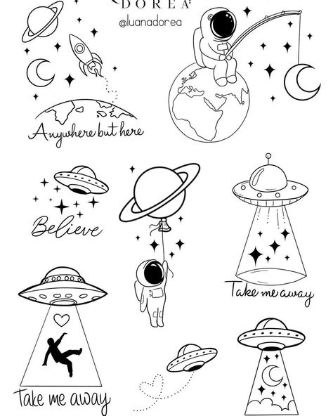 Tiny Spaceship Tattoo, Cute Alien Tattoo Ideas, Outer Space Tattoo Design, Small Outer Space Tattoo, Outer Space Tattoo Ideas, Ufo Tattoo Simple, Alien Flash Tattoo, Outer Space Doodles, Ufo Tattoo Design