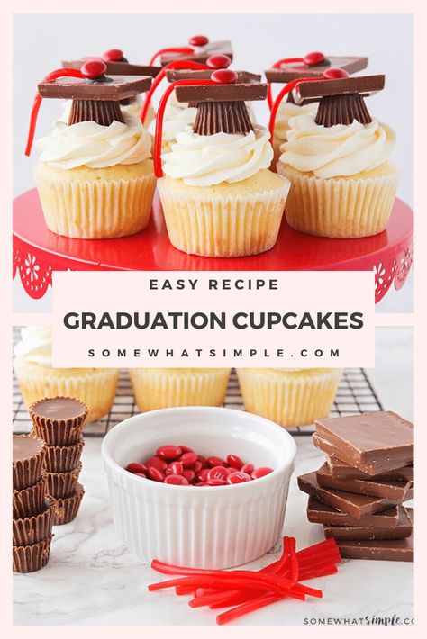 Graduation Cupcakes (Super Easy Recipe) | Somewhat Simple Easy Graduation Cupcakes, Cupcakes Decoration Graduation, Graduation Sweets Treats, Graduation Cap Desserts, Cupcakes For Graduation Party, Easy Graduation Desserts, Grad Cupcakes Ideas, Kindergarten Graduation Cupcakes, Graduate Cupcakes