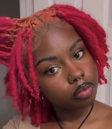 Colors Locs, Ginger And Pink Hair, Ginger Dye, Rainbow Locs, Half Pink Hair, Ghost Roots, Loc Braids, Real Locs, Pink And Orange Hair