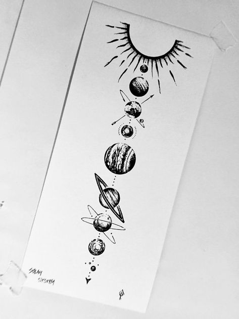 Planets Tattoo Solar System, Planets Aligned Tattoo, Space Spine Tattoo, Solar System Spine Tattoo, Solar Tattoo, Solar System Tattoos, Solar System Drawing, Space Tattoo Designs, Universe Tattoos