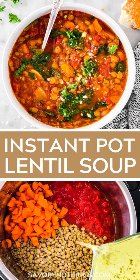 It’s warming, it’s easy, it’s Instant Pot Lentil Soup! Made with nutritious lentils, carrots, celery and onion, this is a plant-based superstar for cozy nights at home. | #instantpot #soup #souprecipe #fallfood #dinner Carrot And Celery Recipes, Pressure Cooker Lentils, Instant Pot Lentil Soup, Lentils Instant Pot, Tomato Lentil Soup, Carrot And Lentil Soup, Mediterranean Recipes Healthy, Spicy Carrots, Plant Based Soups