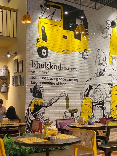 Indian Cafe Design, Cafe Paintings Art Coffee Shop, Indian Restaurant Interior Design Creative, Restaurant Wall Painting Ideas, Cafe Wall Art Creative, Restaurant Wallpapers, Wall Graphics Restaurant, Hospital Cafeteria, Rustic Restaurant Interior