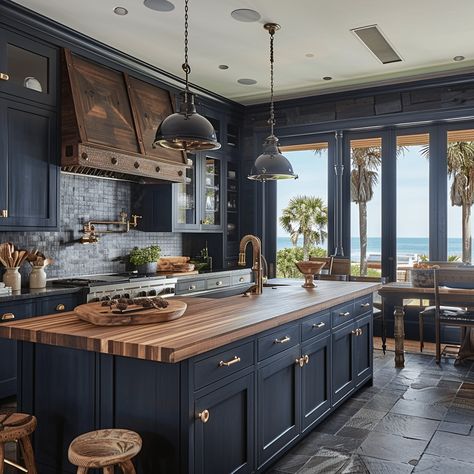 Get Inspired: 30 Blue Kitchen Ideas You’ll Love Kitchen Countertops With Blue Cabinets, Kitchen Ideas Ranch Style, Blue Stained Kitchen Cabinets Wood, Kitchen Ideas American Style, Blue And Brown Kitchen Decor, Blue Kitchen Cabinets Butcher Block Counter, Blue Island Brown Cabinets, Dark Blue Farmhouse Kitchen, Wood Cabinets With Blue Backsplash