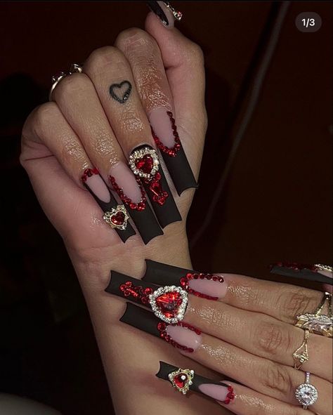 Red Bottoms Nails Acrylic, Sweet 15 Party Ideas Quinceanera Red And Black, Sweet 16 Red Nails, Black French Tip Red Gems, Red Masquerade Nails, Valentines Fay Acrylic Nails, Red And Black Suit For Men Quince, Red And Black Nails For Quinceanera, Red Heart Gem Nails