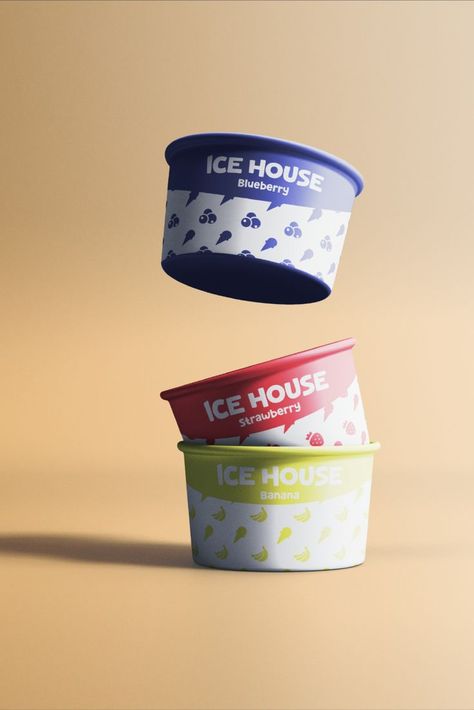 "Ice house" ice cream brand logo and packaging design Ice Cream Package Design, Ice Cream Cups Packaging, Ice Cream Cups Design, Gelato Brands, Ice Cream Festival, Organic Ice Cream, Ice Creamery, Ice Cream Logo, Ice Cream Companies