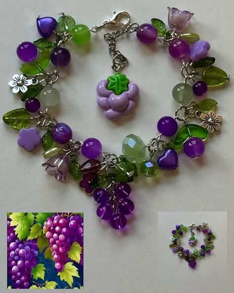 Jelly Grapes Cluster Bracelet!🍇💚🌙✨ • How to purchase? linked in bio, depop, vinted, or dm me to order! -vinted currently unavailable for new products- • ( i do not place orders from dms, i only take orders from depop or vinted due to cheaper shipping prices) • • • #beads #beaded #beadedjewelry #earrings #bracelets #handmade #smallbusiness #cluster #grape #flowers #kawaii #greenbeads #grapes🍇 #pretty #beadswork #jewelrymaking #coloredbeads #jewelry #floral #cute #clusterbracelet #jewelrydesi... Grape Accessories, Beaded Grapes, Grape Bracelet, Grape Jewelry, Flowers Kawaii, Cluster Bracelet, Weird Jewelry, Crystal Bead Jewelry, Cluster Bracelets