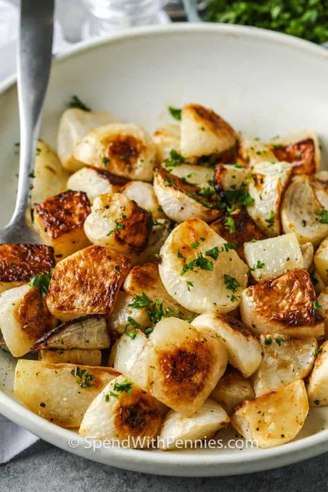 Turnips Recipe Southern Style, Turnips Recipes, Turnip Roots, How To Cook Turnips, Farm Basket, Quick Easy Side Dishes, Greens Recipes, Roasted Turnips, Vegan Apps