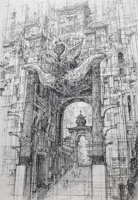 Imaginary Architecture, Perspective Drawing Architecture, Architecture Design Sketch, Architecture Concept Drawings, Perspective Art, Architecture Drawing Art, Art Et Illustration, Landscape Drawings, Fantasy Art Landscapes