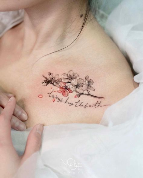 Chest Collarbone Tattoo Female, Female Collar Bone Tattoos, Floral Chest Tattoo Female, Apple Blossom Tattoos, Maple Tree Tattoos, Collarbone Tattoo, Body Tattoo Design, Tattoo Female, Chest Tattoos