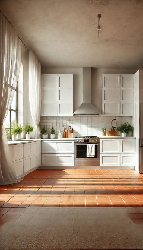 15+ Beautiful Colors to Pair with Terracotta Floor Tiles Instantly 37 Terracotta Kitchen Floor White Cabinets, Teak Parquet Floor, White Kitchen Terracotta Floor, Cotto Tile Floor, Kitchen Floor White Cabinets, Laundry Room Brick Floor, Flooring Transition Ideas Open Concept, Terra Cotta Floor Kitchen, Terracotta Floor Living Room