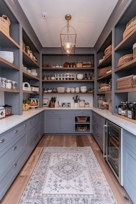 This is sort of how I pictured the pantry but not with all those accessories obviously, and it’s painted black and the lighting is dim because of the party😹 Walk In Pantry From Kitchen, Pantry With Vaulted Ceiling, Walk In Pantry With Island, Large Pantry Design Walk In, Walk In Pantry With Cabinets, Walk In Pantry Cabinets, Pantry Layout Walk In, U Shaped Pantry, Large Pantry Design