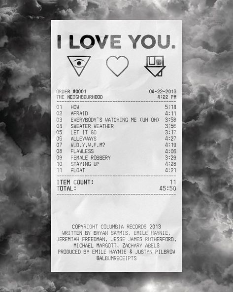 ALBUM RECEIPTS on Instagram: ““I Love You.” by @thenbhd” Album Receipts, Country Music Quotes, Quotes Tattoos, Education Architecture, Celebrity Travel, Music Posters, Sketch Inspiration, Music Wall, Song Playlist