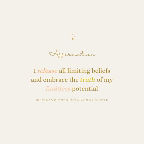 ✨ "I release all limiting beliefs and embrace the truth of my limitless potential." ✨
What’s holding you back? It’s time to release those limiting beliefs and embrace your power! 💫 Use this affirmation daily to remind yourself that your potential is limitless. Click to discover more affirmations and tips to help you break free from self-doubt and achieve your goals. 

🌟 Follow for daily inspiration and mindset tools! 

#MindsetMatters #LimitlessYou #AffirmationInspiration #PersonalDevelopment Affirmation Daily, I Release, Affirmation Of The Day, Manifestation Journal, Affirmation Cards, Limiting Beliefs, Break Free, Guided Meditation, Inspire Others