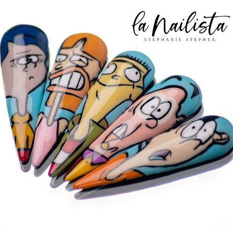 Cartoon Network Nails, 90 Nails The 90s Art Designs, Character Nail Art Step By Step, Cartoon Character Nail Art, Cartoon Character Nails, 90s Cartoon Nails Acrylic, Hand Drawn Nail Art, Character Nail Art, Character Nails