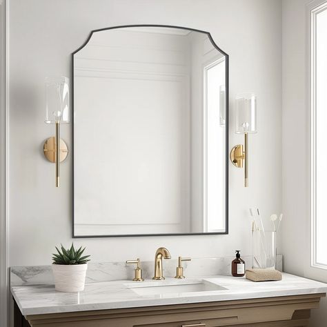 Large Mirror Master Bath, Bathroom Vanity Mirror And Lighting, Mirror Over Bathroom Vanity, Half Bathroom Mirror Ideas, Horizontal Bathroom Mirror, Bathroom With Black Hardware, Mirror With Sconces On Each Side, Arched Mirror Bathroom, Bathroom With Chrome Fixtures