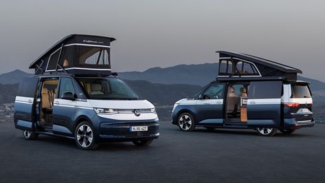 For the first time ever, the VW California is going hybrid, and our first look at what the automaker is planning for its next-generation camper is here, thanks to the California Concept Vw California Camper, Caravan Salon, Two Sliding Doors, Vw California, Volkswagen Vans, Roof Tent, Cars Uk, Miniature Cars, Vw Bus