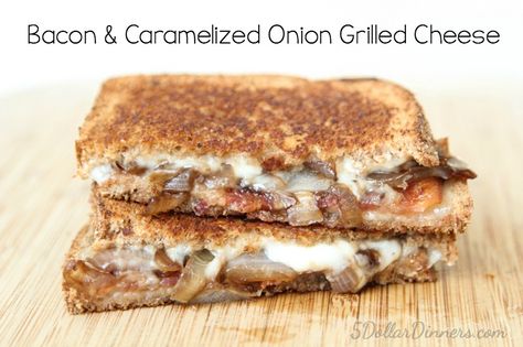 Bacon & Caramelized Onion Grilled Cheese Recipe ~ one of the best ways to use bacon!  Simply delicious! | 5DollarDinners.com Caramelized Onion Grilled Cheese, Onion Grilled Cheese, Grilled Cheese Recipe, Grilled Cheese Recipes, Cheap Dinner Recipes, Simple Sandwiches, Grilled Sandwich, Sandwiches For Lunch, Caramelized Onion