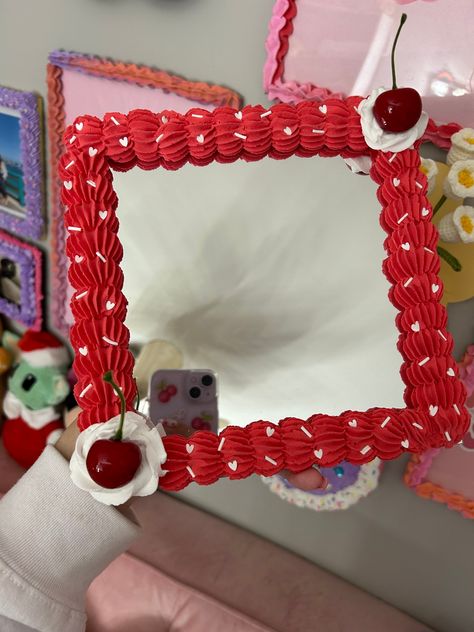 Square Mirror red with white heart sprinkles and cherries 8 x 8 inches Cherry Diy Crafts, Decorated Mirror Diy, Decoden Cream, Decorated Mirror, Painted Mirror Art, Fake Cakes, Heart Sprinkles, Artsy Photos, Fake Cake