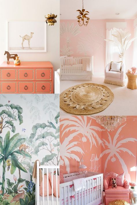 Girl Nursery Inspiration, Nursery Inspiration Girl, Nursery Design Girl, The Beverly Hills Hotel, Ikea Nursery, Beach Nursery, Tropical Nursery, Palm Leaf Wallpaper, Banana Leaf Wallpaper