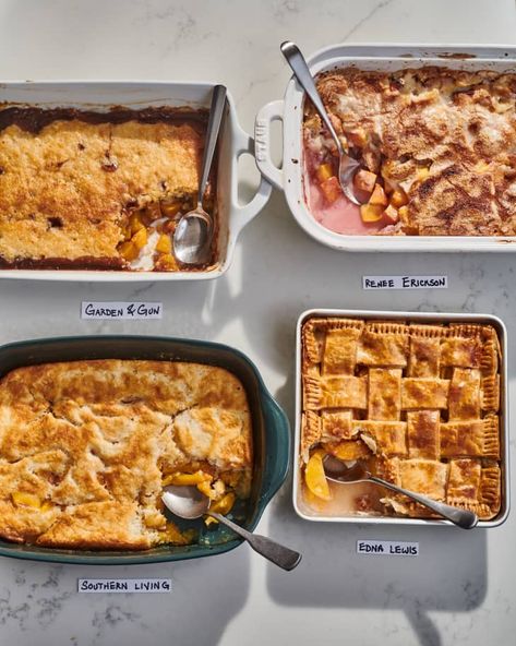 peach cobbler in baking dish with ice cream Southern Living Peach Cobbler Recipe, Edna Lewis Recipes, Good Peach Cobbler Recipe, Edna Lewis, Best Peach Cobbler, Fresh Peach Cobbler, Famous Recipes, Peach Desserts, Cobbler Recipe