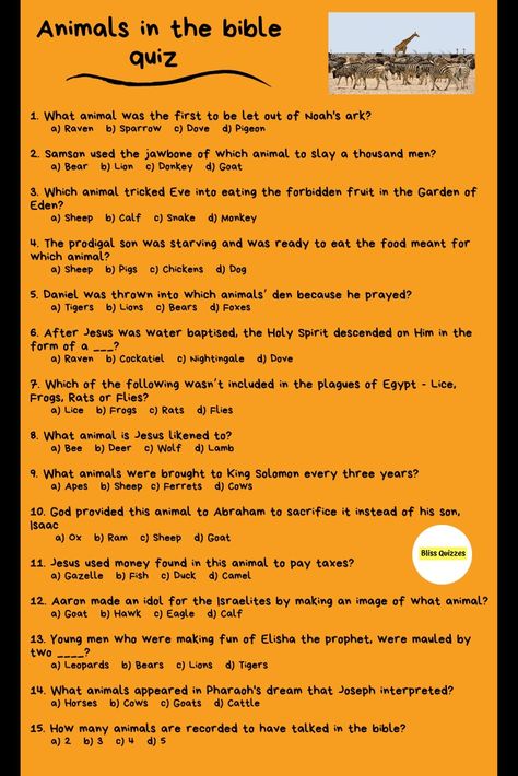 Animals in the bible quiz questions and answers 🐴🦒 Quiz on animals of the bible 🐮🐨 Ideal for icebreakers and team bonding. 15 questions and answers. Bible references are provided for the answer to each question on blissquizzes.com Enjoy this animals of the bible quiz for kids, youth, adults and all. Kids and youth bible quiz trivia questions and answers about animals of the bible.  #biblequiz #bibletrivia #animalsofthebible Bible Trivia For Adults, Bible Trivia For Youth, Bible Quizzes With Answers, Bible Quiz Questions And Answers, Bible Trivia Questions And Answers, Family Worship Ideas Jw Games, Jw Family Worship Ideas Kids, Bible Scrapbook, Jw Games