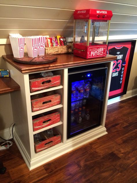 Game Room Refreshment Center Small Home Theater Snack Bar, Fireplace Game Room, Refreshment Center Ideas, Media Room Organization, Snack Bar In Game Room, Move Room Ideas, Bonus Room Snack Bar, Small Space Game Room, Apartment Game Room Ideas