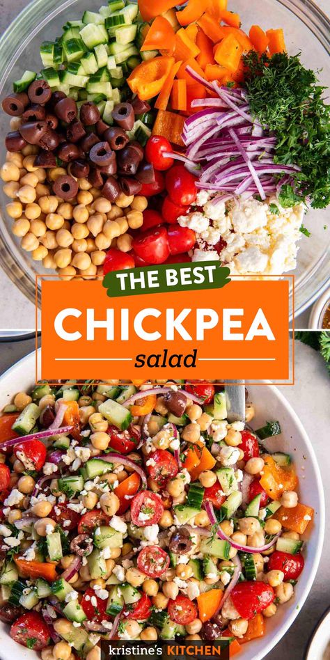 This chickpea salad is filled with delicious Mediterranean flavors and it's so easy to make! It's a great make ahead side dish for summer BBQ's and potlucks, and also perfect for meal prep lunches. Summer Chickpea Recipes, Healthy Meal Prep Mediterranean, Cold Healthy Meals, Mediterranean Diet Recipes Side Dishes, Easy Summer Meal Prep, Cold Vegetable Side Dishes, Healthy Salads Clean Eating, Summer Vegetable Side Dishes, Chic Pea Salad