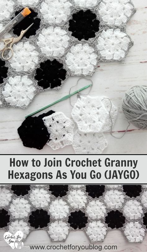 How to Join Crochet Granny Hexagons As You Go How To Join Hexagon Granny Squares, Join As You Go Hexagon Crochet, How To Crochet Hexagons Together, Joining Crochet Hexagons Together, Joining Hexagon Granny Squares, What To Make With Granny Squares Ideas, Crochet Join As You Go, Crochet Octagon Pattern Free, Join As You Go Granny Square