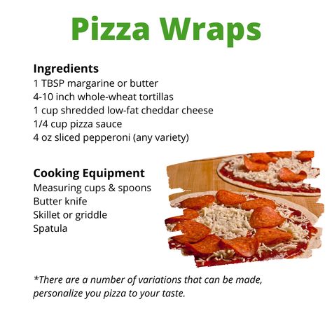 Allison Gunter, MU Extension Nutrition and Health Specialist, demonstrates how to make pizza wraps at home. These pizza wraps make for a great family meal or snack because each family member can customize their pizza wrap with their favorite pizza ingredients and veggies.  For more information on nutrition and physical activities you can do with your family, call 1-888-515-0016. Pizza Wrap, Pizza Wraps, Nutrition And Health, Recipe List, Whole Wheat Tortillas, Measuring Cups & Spoons, Pizza Ingredients, Pizza Pizza, How To Make Pizza