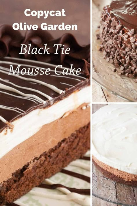 If you LOVE Olive Garden's Black Tie Mousse Cake as much as I do surely you want to make it at home! This copycat recipe tastes just like the real thing! Chocolate Mousse Brownie Cake, Olive Garden Cake, Three Layer Chocolate Mousse Cake, Black Tie Dessert, Black Tie Moose Cake Olive Garden Recipe, Brownie Chocolate Mousse Cake, Layered Chocolate Mousse Cake, Black Tie Mousse Cake Olive Garden, Olive Garden Chocolate Mousse Cake