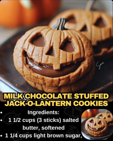 Milk Chocolate Stuffed Jack-O-Lantern Cookies Jack O Lantern Pumpkin Recipes, Stuffed Pepper Jack O Lantern, Jack O Lantern Sandwich Cookies, Jack O Lantern Stuffed Bell Peppers, Milk Chocolate Stuffed Jack O Lantern Cookies, Jack O Lantern Cookies, Beef Tips And Noodles, Pumpkin Shaped Cookies, Strawberry Lemonade Cake