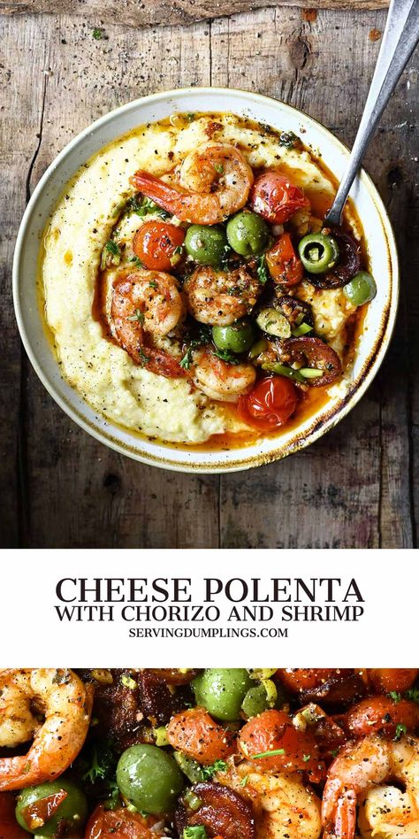 Cheese Polenta with Chorizo and Shrimp - Serving Dumplings Serving Dumplings, Mediterranean Seafood, Cheese Polenta, Seafood Medley, Polenta Recipes, Table D Hote, Manchego Cheese, Diner Recept, Garlic Butter Sauce