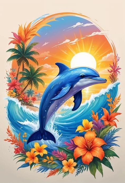 Tropical Paradise Painting, Painting Sunset Beach, Dolphin Illustration, Beach Sublimation, Marine Life Art, Paradise Painting, Dolphin Images, Dolphin Painting, Ocean Illustration