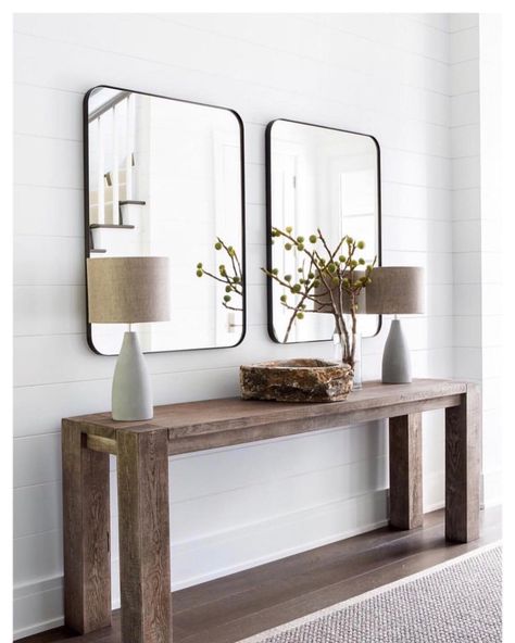 Ursino Interiors & Tips For 🏠 on Instagram: “The ideal size when hanging art or a mirror over a console? About 2/3! I love the way @changoandco opted for two mirrors here to help fill…” Entryway Stairs, Rustic Console Tables, Entryway Table Decor, Modern Entryway, Custom Furniture Design, Entryway Console Table, Foyer Decorating, Entryway Console, Hallway Ideas Entrance Interior Design