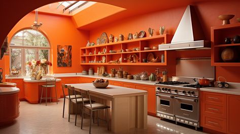 40 Orange Kitchen Designs With Tips & Accessories To Help You Decorate Yours Kitchen Orange Accents, Orange Modern Kitchen, Diy Wooden Kitchen, Orange Colour Kitchen Design, Orange Kitchen Designs, Kitchen Shelving Units, Retro 70s Kitchen Orange, Orange Cabinets, Gold Kitchen Hardware