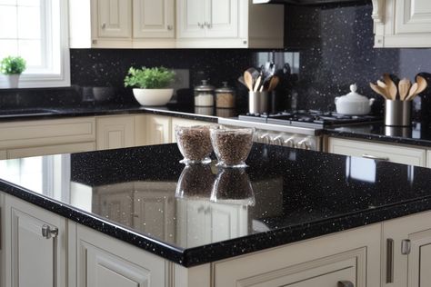 7 Perfect Colors to Complement Black Granite Countertops Kitchen With Black Granite Countertops, Black Quartz Kitchen Countertops, Kitchen With Black Granite, Kitchen Design Granite, Kitchen Design Granite Countertops, Black Granite Countertops Kitchen, Moody Kitchens, Kitchen Color Combos, Ivory Cabinets