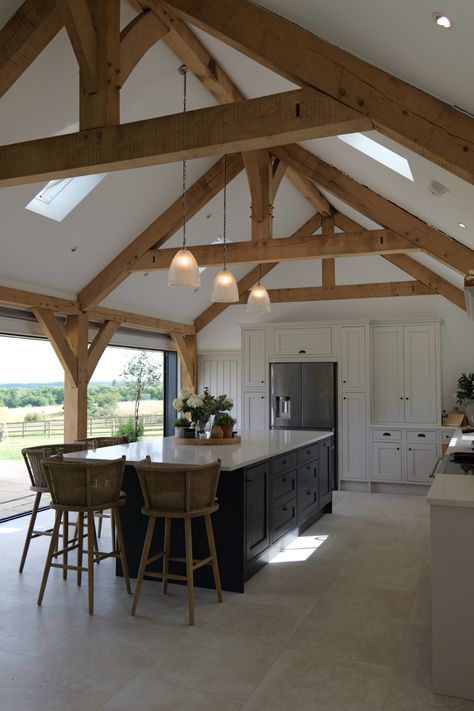 Kitchen With Pitched Ceiling, Exposed Beams Ceiling Kitchen, Pitched Roof Kitchen, Building Ribbons, Kitchen With Wood Beams, Modern Colonial Home, Barn House Conversion, Quartz Island, Inframe Kitchen