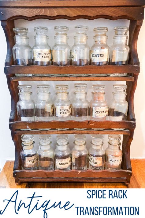 antique spice rack on a wood counter top with a white background. Vintage Spice Rack Makeover, Mounted Spice Rack Ideas, Vintage Spice Rack Ideas, Antique Spice Rack, Spice Rack Ideas Diy, Upcycled Spice Rack, Repurpose Spice Rack, Spice Display, Spice Rack Vintage