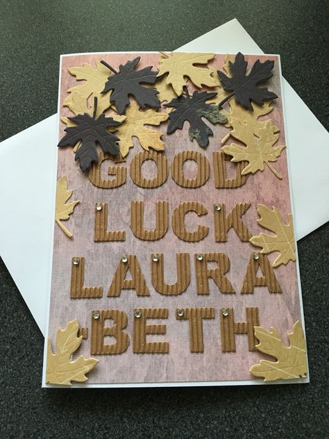 Homemade card wishing good luck to friend with leaf motif and letters Farewell Cards For Friends, Good Luck Cards Handmade, Farewell Cards, Homemade Card, Good Luck Cards, Crafts Cards, Leaf Motif, Cards For Friends, Paper Crafts Cards