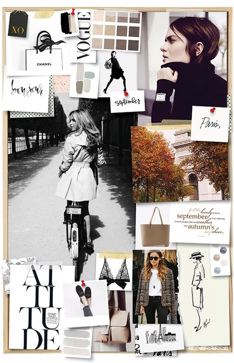 Mizhattan - Sensible living with style: *MIZZY'S MONTHLY MOODBOARD* September… Moodboard Portfolio, Paris Wardrobe, Fashion Trending Moodboard, Fashion Design Inspiration, Collage Moodboard, Upcycling Fashion, Horsebit Loafers, Beige Tote, Fashion Design Sketchbook