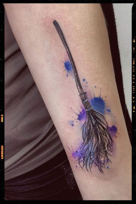 Witch's Magic Broom Tattoo Inspiration Broom And Witch Hat Tattoo, Harry Potter Broom Tattoo, Broom Tattoo Witch, Wiccan Tattoos For Women, Magic Tattoo Witches, Witches Broom Tattoo, Salem Tattoo Ideas, Simple Witch Tattoo, Witch Broom Tattoo