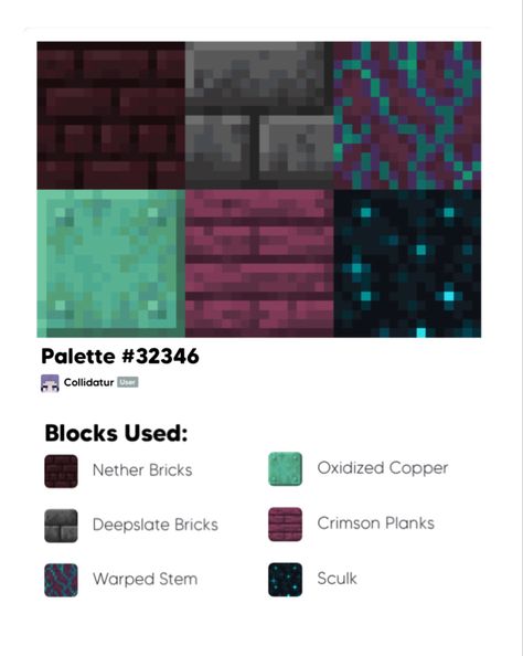 Minecraft Block Palette Diorite, Minecraft Path Block Palette, Nether Brick Palette, Minecraft Nether Color Palette, Minecraft Dye Shop Ideas, Minecraft Fantasy Block Palette, Minecraft Blue Color Palette, Nether Block Palette, Mc Color Palette