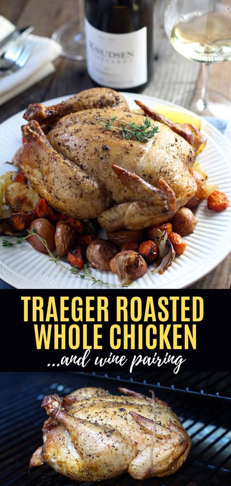 How to roast a whole chicken on your Traeger. Complete instructions to get the best roast chicken with a light smoky flavor. Bonus wine pairing for this chicken recipe. #traeger #roastchicken #smokedchicken #wholechicken #vindulge Traeger Whole Chicken Recipes, Traeger Whole Chicken, Grilled Whole Chicken, Smoked Whole Chicken, Best Roasted Chicken, Traeger Cooking, Traeger Grill Recipes, Grilled Roast, Bbq Dinner