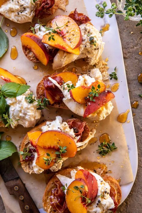 Peach Burrata Parmesan Crostini with Hot Honey | halfbakedharvest.com Half Baked Harvest Appetizer Recipes, Peach Burrata Bruschetta, Peach And Burrata Toast, The Half Baked Harvest, Peach Buratta Crostini, Peach Prochutto Appetizer, Brunch Recipes Fancy, Burrata And Peaches Appetizer, Crostini With Burrata