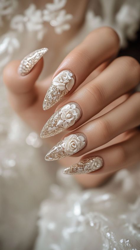 Elegant wedding nails with a mix of classic and trendy designs, perfect for brides seeking subtle sophistication or bold statements on their big day. Bachelorette Nails The Bride Fun, Wedding Nails For Bride Bridal Sparkle, Nail Bride Wedding, Bridal Nail Art Designs Wedding Day, Wedding Nail Designs For Bride, New Trendy Nail Art Designs, Bride Nail Designs, Bridal Nails Wedding Elegant, Bumblebee Nails