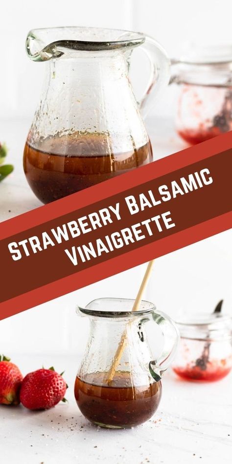 Easy homemade Strawberry Balsamic Vinaigrette! This easy dressing goes perfectly on any salad and it’s customizable with any fruit jam! | The Bitter Side of Sweet Strawberry Vinegarette, Vinegrette Salad Dressing, Strawberry Balsamic Dressing, Balsamic Vinegrette, Strawberry Salad Dressing, Balsamic Vinegarette, Weight Watchers Dessert, Strawberry Vinegar, Balsamic Vinegar Dressing